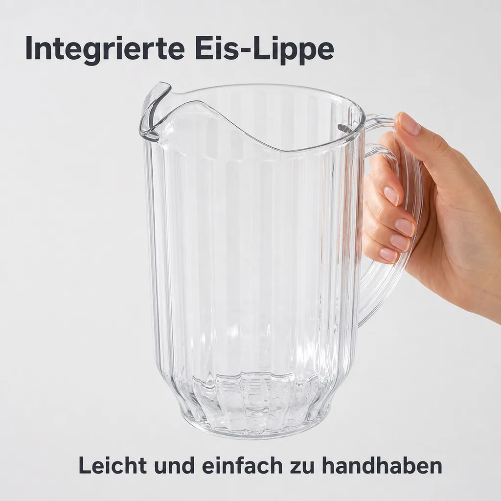 Wasserkrug, Glaskrug mit Eislippe aus Polycarbonat, 1,8L - Robuster und praktischer Getränkekrug für Zuhause und unterwegs