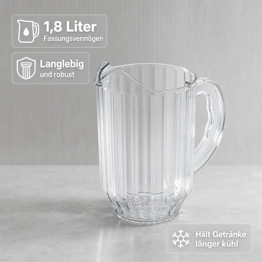 Wasserkrug, Glaskrug mit Eislippe aus Polycarbonat, 1,8L - Robuster und praktischer Getränkekrug für Zuhause und unterwegs