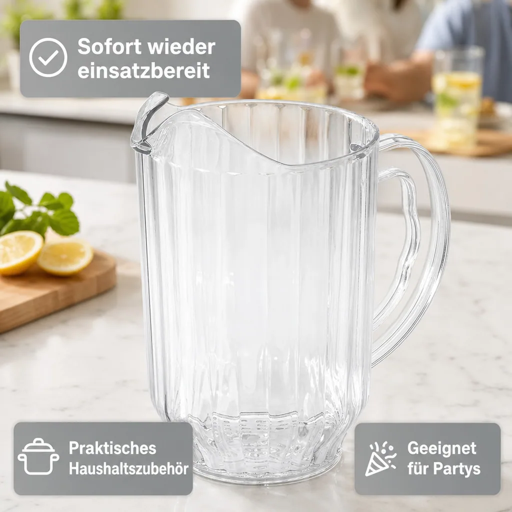 Wasserkrug, Glaskrug mit Eislippe aus Polycarbonat, 1,8L - Robuster und praktischer Getränkekrug für Zuhause und unterwegs