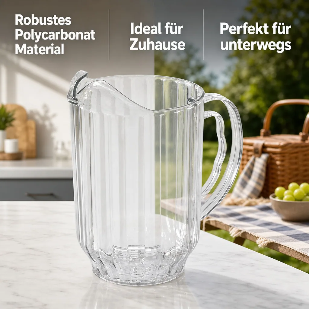 Wasserkrug, Glaskrug mit Eislippe aus Polycarbonat, 1,8L - Robuster und praktischer Getränkekrug für Zuhause und unterwegs