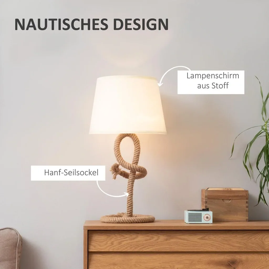 Tischlampe Taulampe Hanfseil Nachttischlampe Lampenschirm Vintage E27 40 W Wohnzimmer Schlafzimmer Beige Ø32 x 63 cm