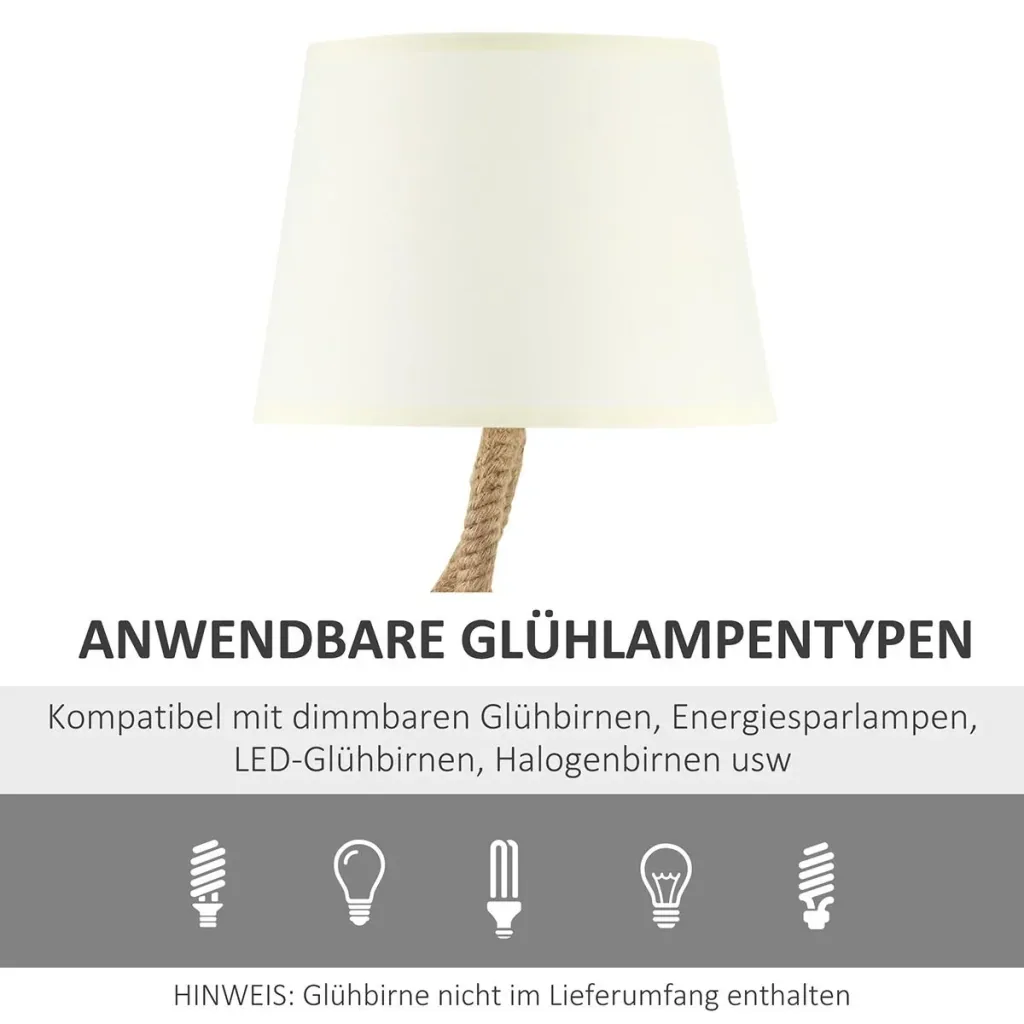 Tischlampe Taulampe Hanfseil Nachttischlampe Lampenschirm Vintage E27 40 W Wohnzimmer Schlafzimmer Beige Ø32 x 63 cm