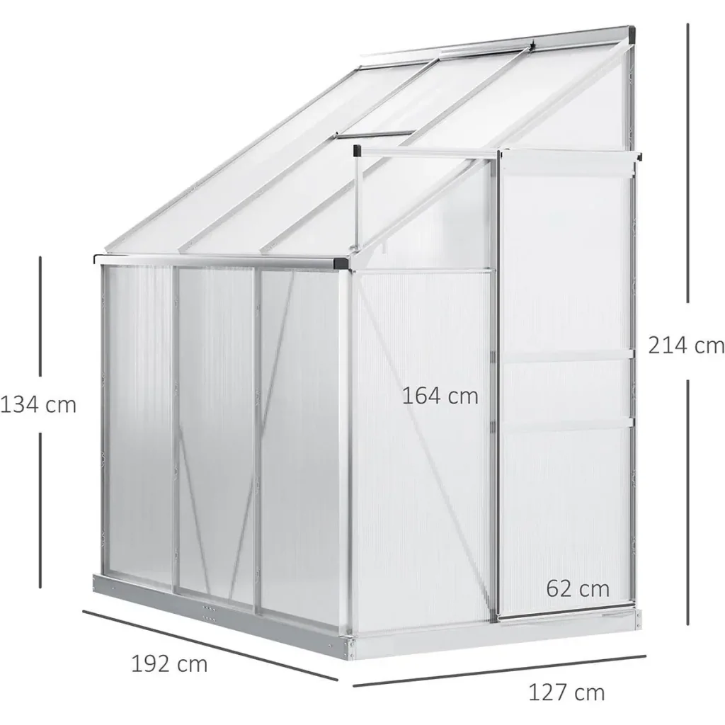 Gewächshaus Aluminium 192 x 127 x 214 cm mit Fenstertür inkl. Fundament UV-, witterungsbeständig