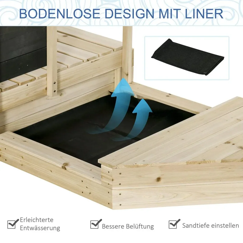 Sandkasten mit Abdeckung Schiff Design Matschekiste aus Holz Spielhaus für Kinder 3-8 Jahre Natur 180 x 91,5 x 144 cm
