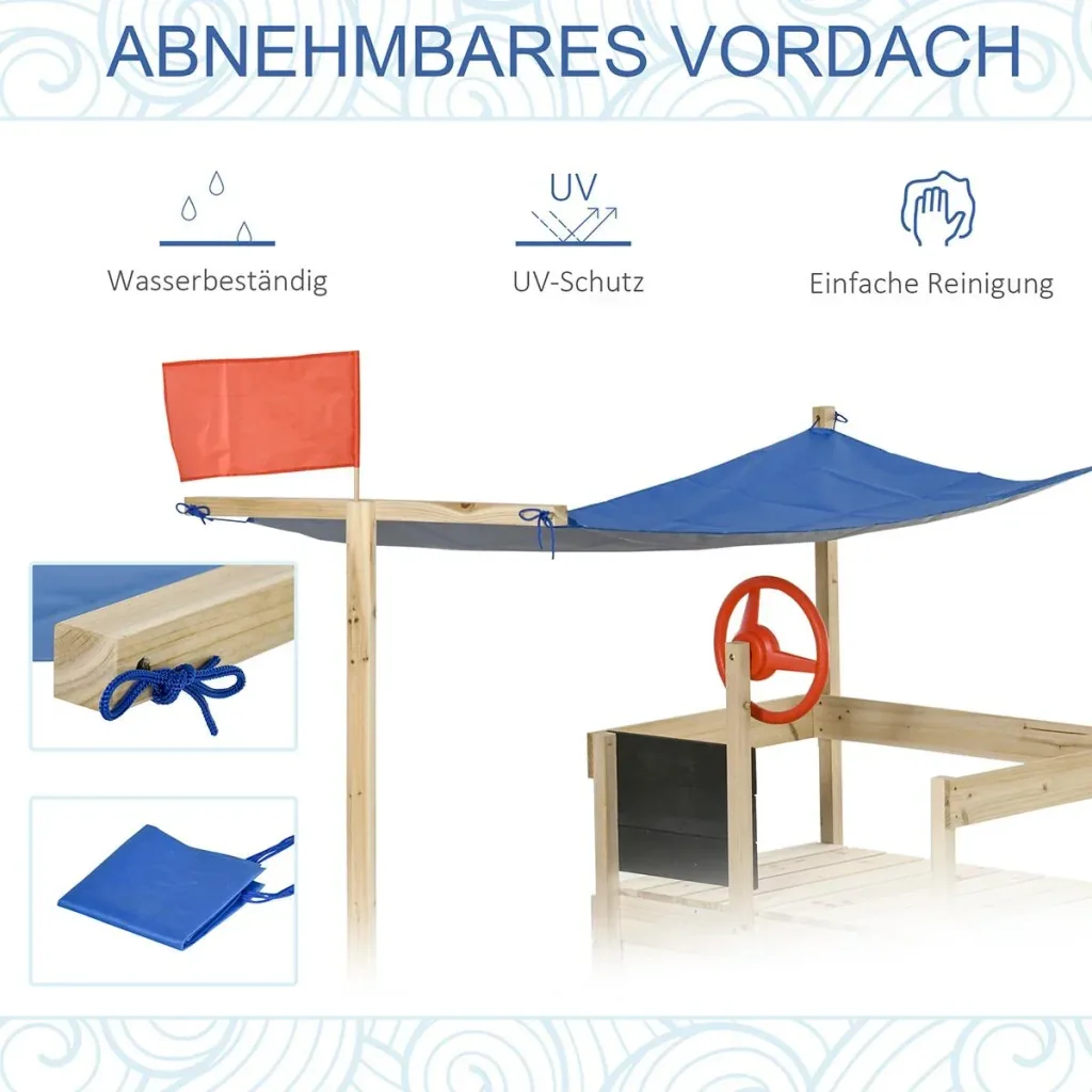 Sandkasten mit Abdeckung Schiff Design Matschekiste aus Holz Spielhaus für Kinder 3-8 Jahre Natur 180 x 91,5 x 144 cm