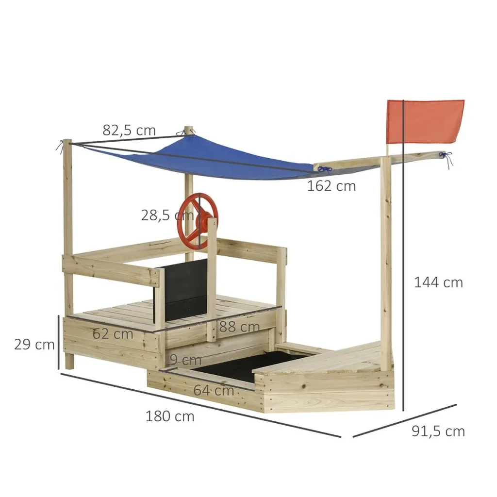 Sandkasten mit Abdeckung Schiff Design Matschekiste aus Holz Spielhaus für Kinder 3-8 Jahre Natur 180 x 91,5 x 144 cm