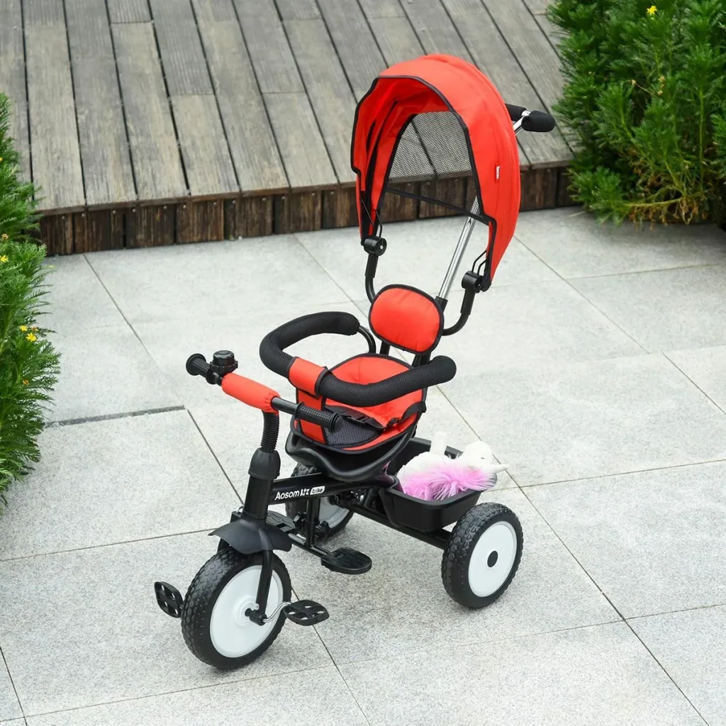 6 in 1 Kinderdreirad Dreirad Kinder Fahrrad Rad Kinderwagen Schubstange Sonnendach Sicherheitsgurt 6-60 Monate Rot+Schwa