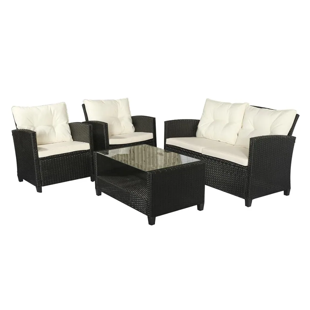 Polyrattan Sitzgarnitur 4 tlg. Sitzgruppe Gartenset Sofagarnitur Gartenmöbel Set Lounge Metall Luxus Schwarz