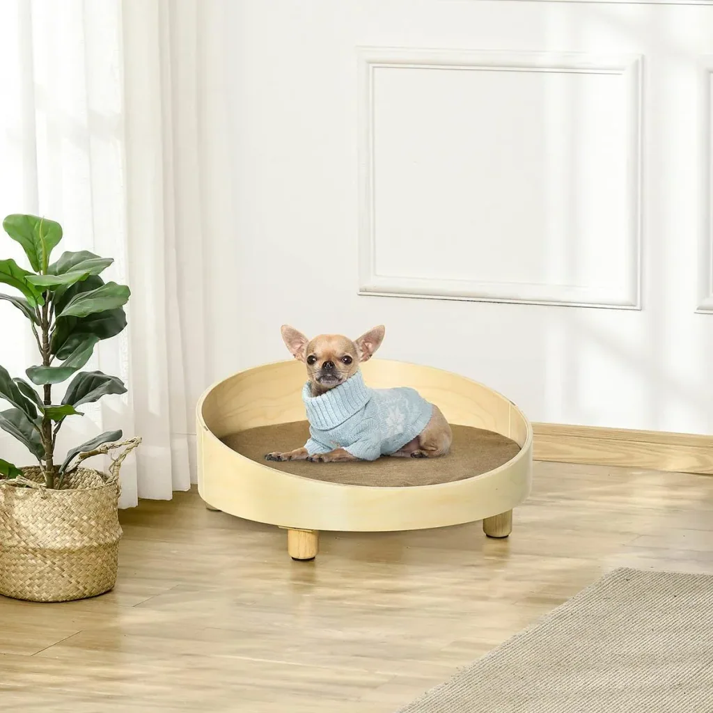 Erhöhtes Hundebett mit Kissen Rund für kleine Hunde Waschbarer Bezug Holzbeine Natur+Hellbraun Ø59 x 23,5 cm