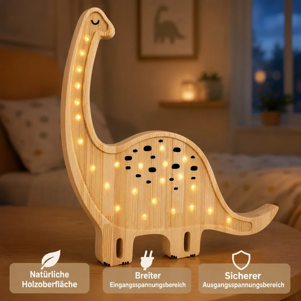 Little Lights Nachtlicht Kinder, Nachtlampe Dinosaurier - 100% Kiefernholz natur