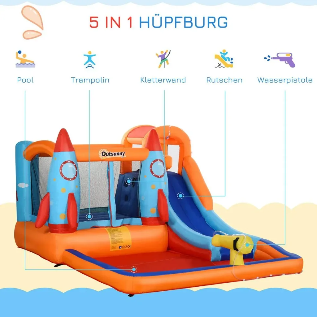 Aufblasbare Hüpfburg mit Rutsche für 4 Kinder Burg Springburg mit Gebläse Spielburg Spielhaus für 3-10 Jahre Kindergarte