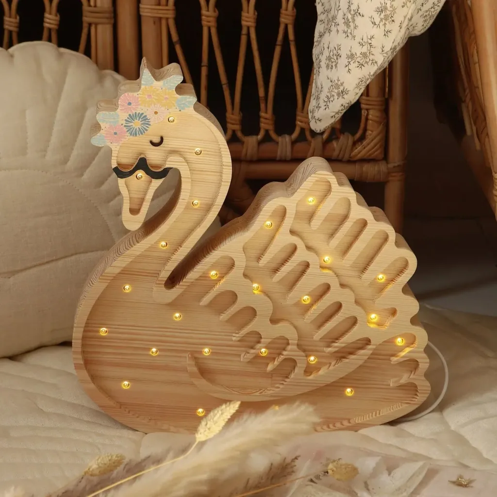 Little Lights Nachtlicht Kinder, Nachtlampe Schwan - 100% Kiefernholz natur