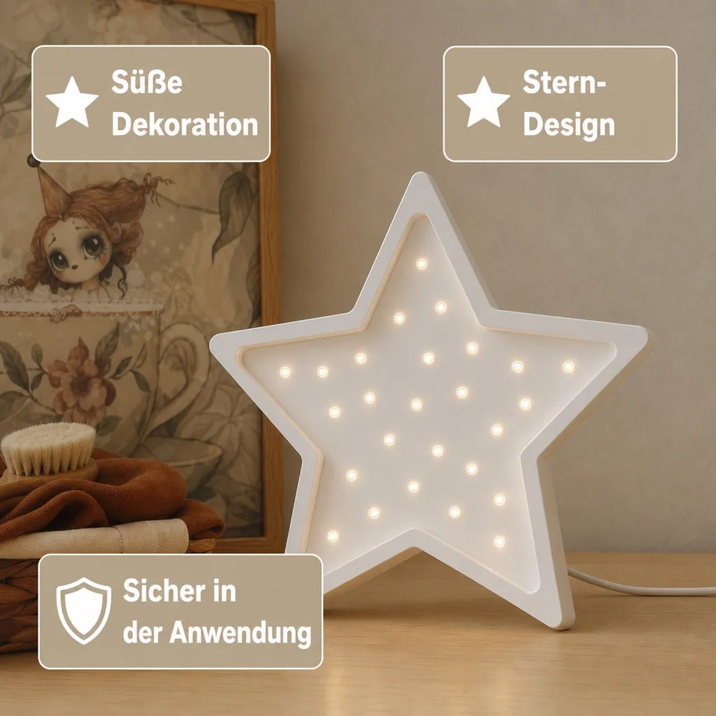 Little Lights Nachtlicht Kinder, Nachtlampe Stern - 100% Kiefernholz natur