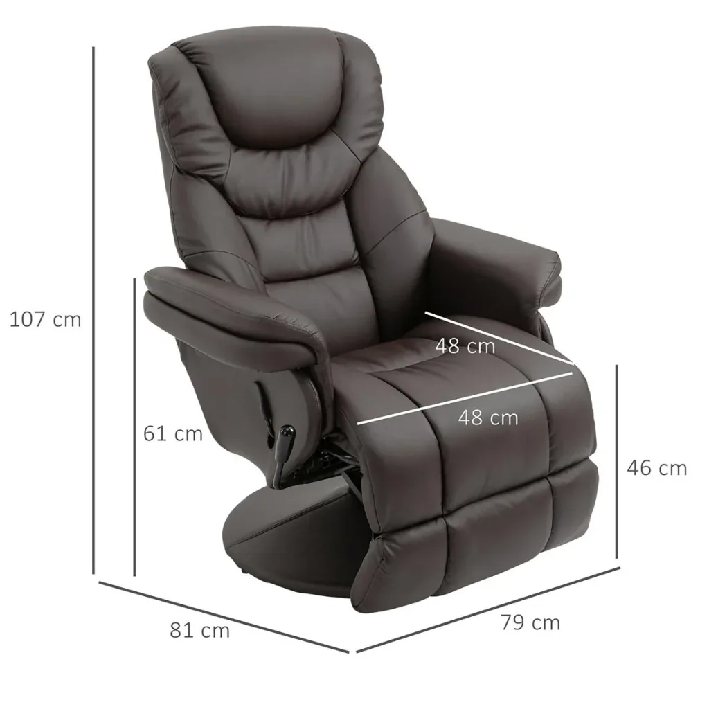 Relaxsessel, Fernsehsessel, Einzelsofa 135 °Neigung, Stahl+PU+Schaumstoff+Kunststoff, Braun, 79 x 81 x 107 cm