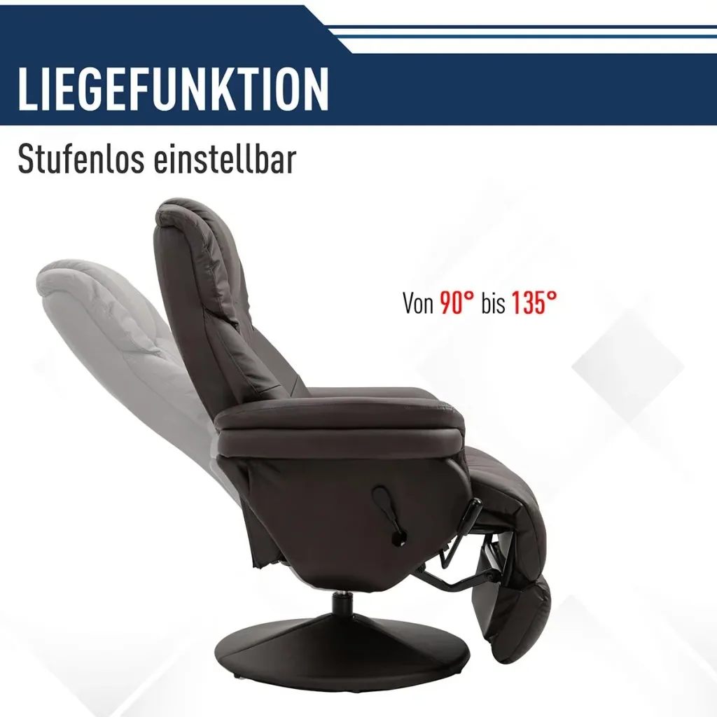Relaxsessel, Fernsehsessel, Einzelsofa 135 °Neigung, Stahl+PU+Schaumstoff+Kunststoff, Braun, 79 x 81 x 107 cm