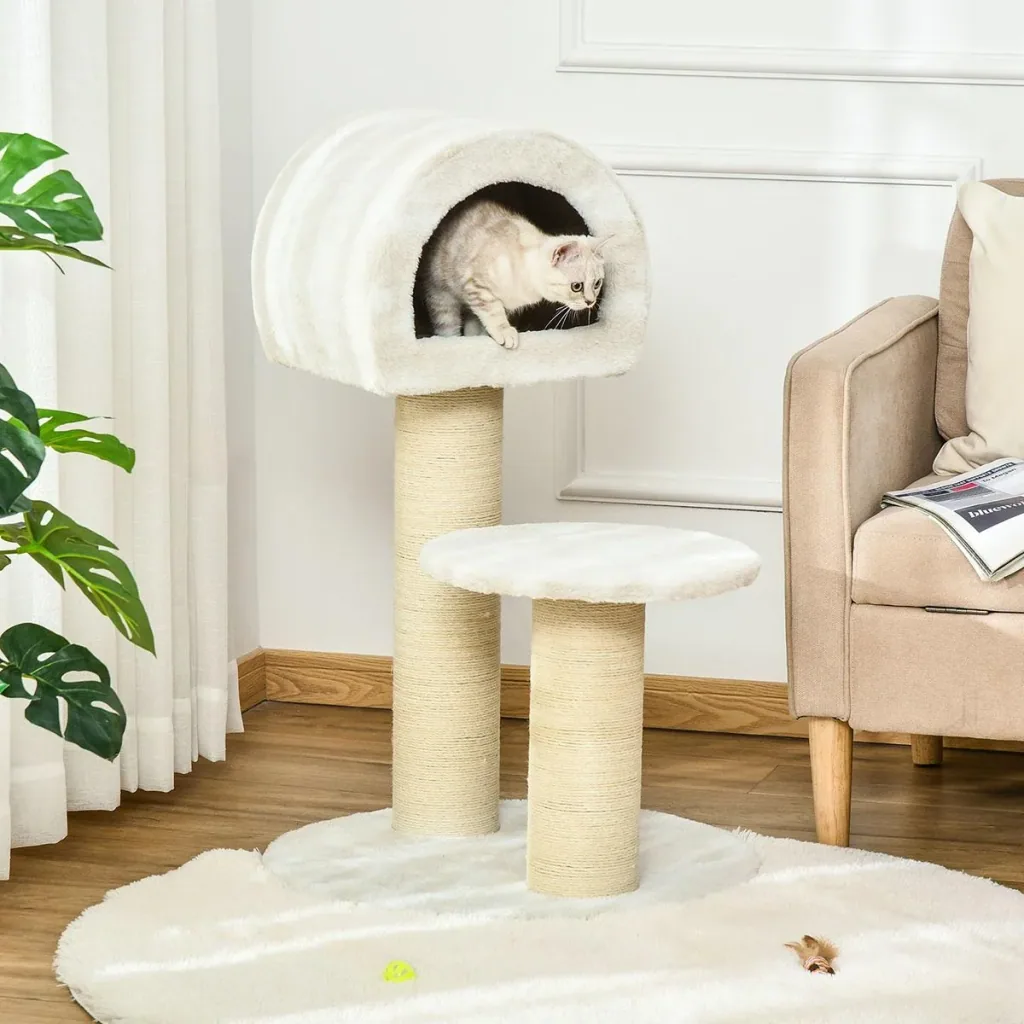 Katzenkratzbaum Katzenspielzeug Kletterbaum Sisal Polster Liegefläche mit Ball Spanplatte samtartiges Polyester Sisal Be