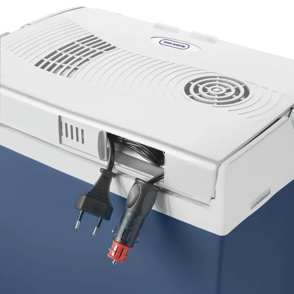 Thermoelektrische Kühlbox mit 25 Liter Fassungsvermögen und Sicherheitsgurtfixierung, blau 12/230 V
