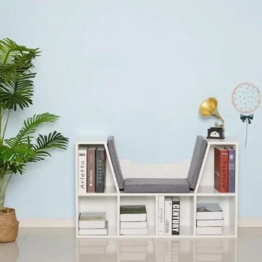 Bücherschrank Bücherregal mit Sitzkissen Standregal Regal mit Sitzbank Holz Leinen Weiß 102 x 30 x 61