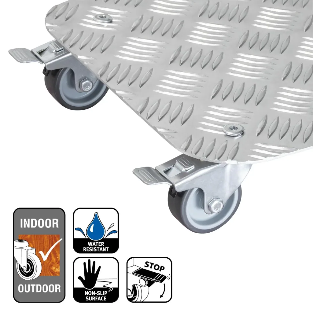 Multi Roller MR 7003, 29 x 29 x 7,5 cm, softe Rollen Ø 50 mm, Gleitlager, 2 Bremsen, Alu Riffelblech, Tragkraft 150 kg