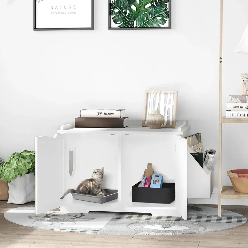 Katzentoilette mit Regal Katzenhöhle Katzenhaus Katzenschrank Versteck und Abdeckung für Katzentoilette Weiß MDF