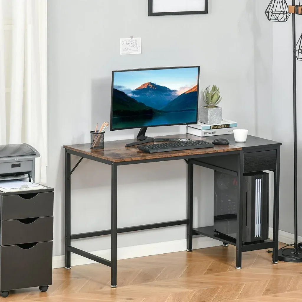Schreibtisch mit Regal Computertisch Höhenverstellbar Bürotisch Spanplatte Metall Rustikales Braun+Schwarz 120 x 60 x 75