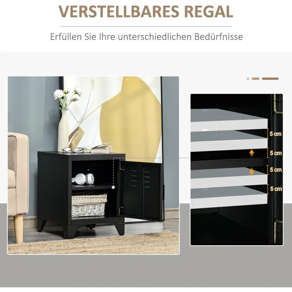Nachttisch Nachtschrank Schlafzimmer Beistelltisch mit verstellbarem Regal Tür Nachtkommode Industriedesign Metall Schwa