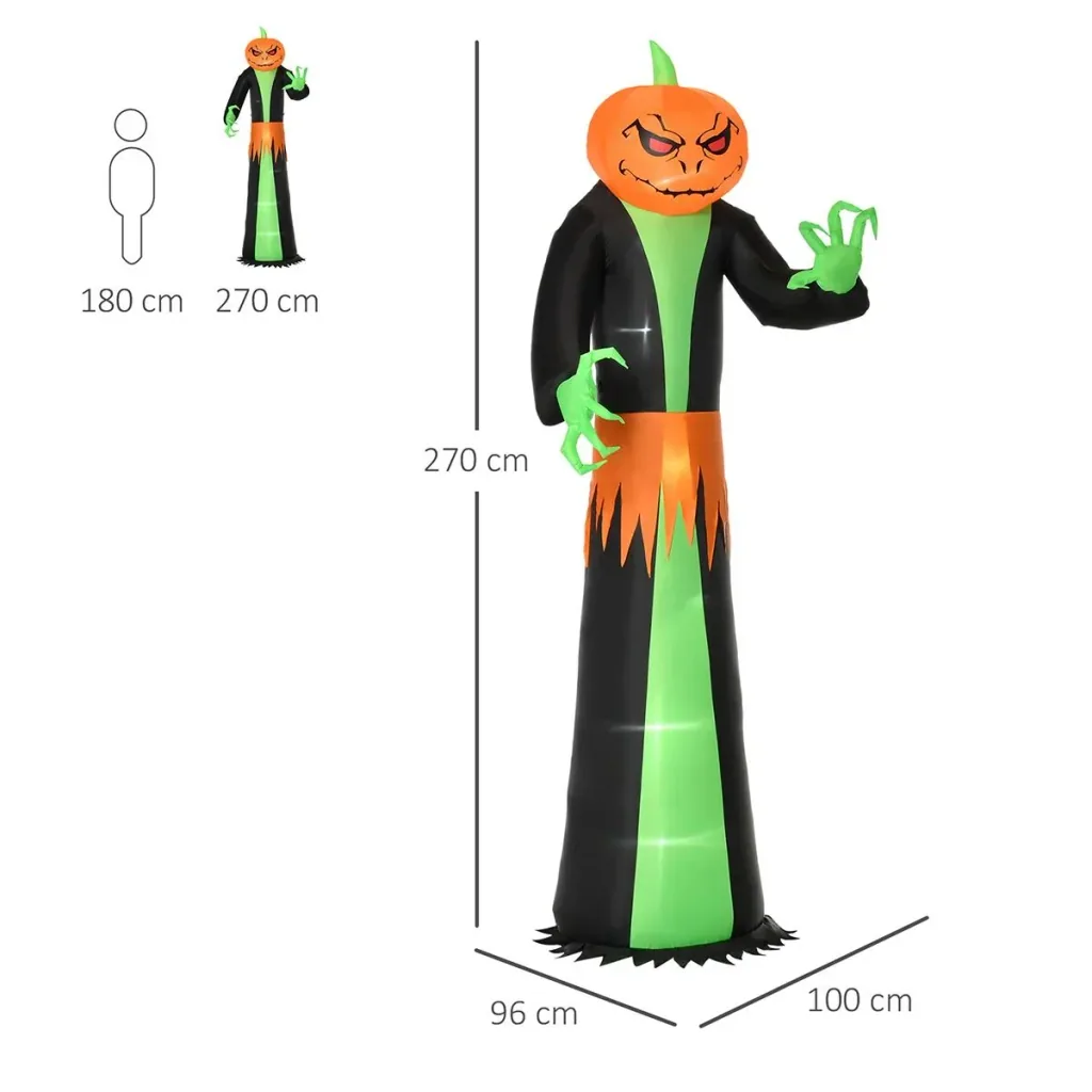 Aufblasbar Kürbis Halloween Dekoration Selbstaufblasend Gespenst mit LED Polyester Grün+schwarz 100 x 96 x 270 cm