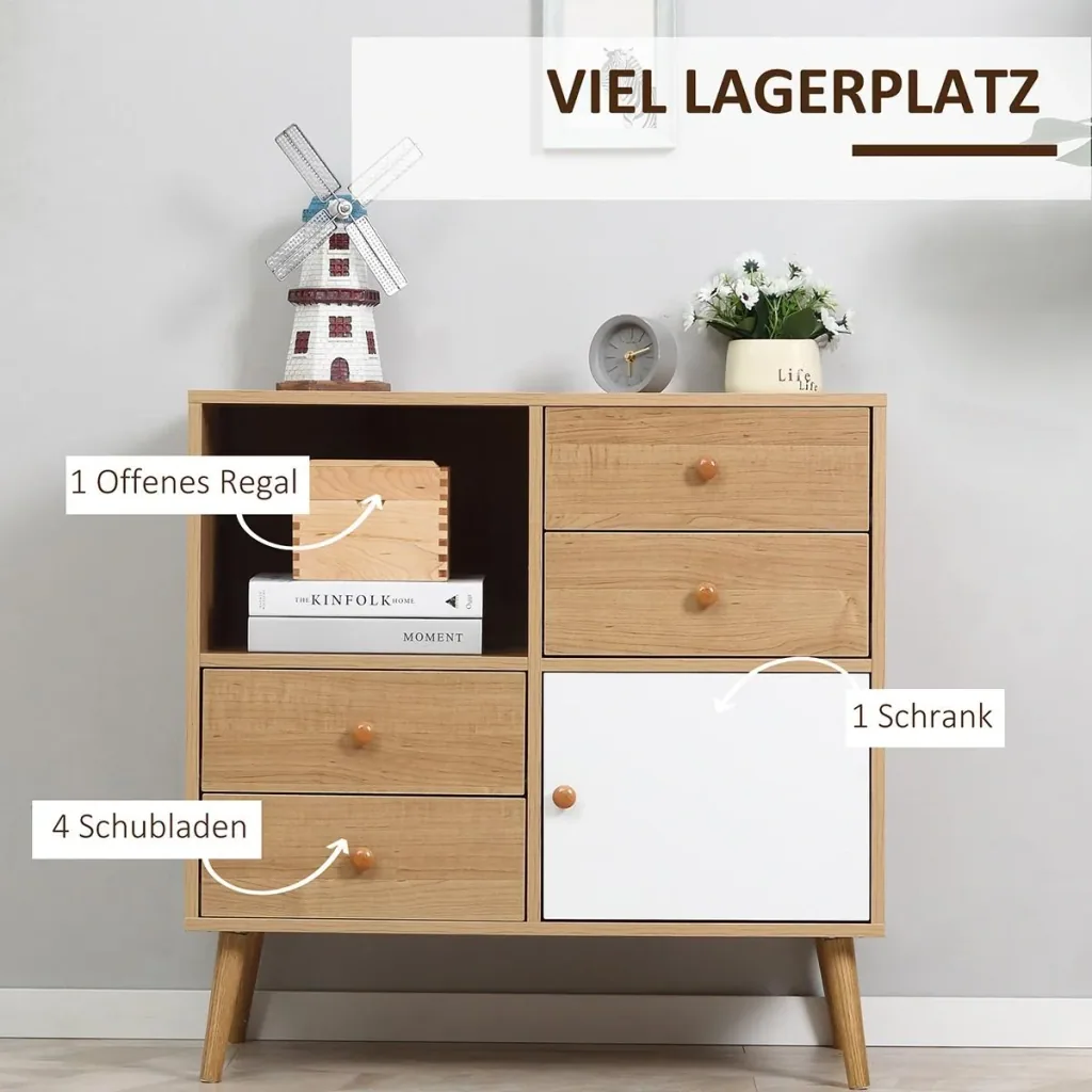 Sideboard Küchenschrank Kommode mit 1 offenen Fächern 4 Schubladen Skandi-Design Natur+Weiß 80 x 39 x 80 cm