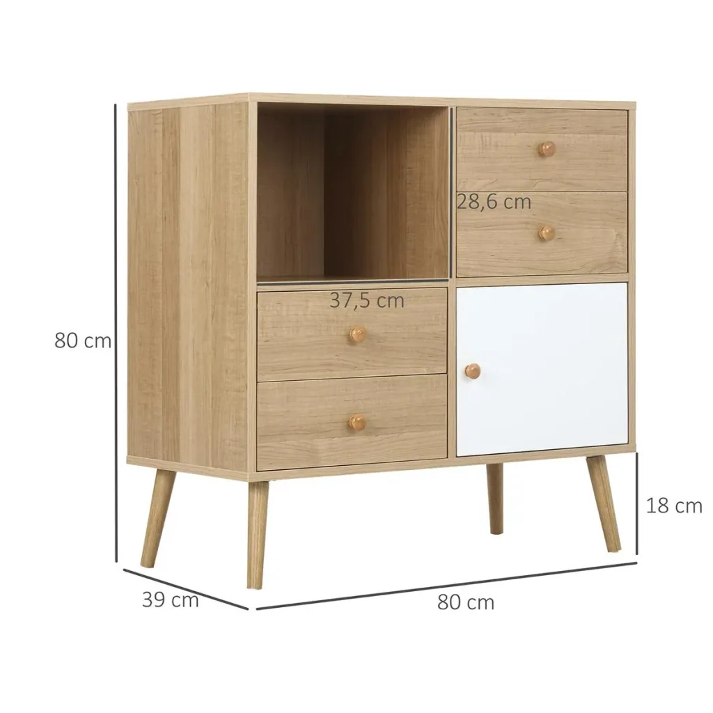 Sideboard Küchenschrank Kommode mit 1 offenen Fächern 4 Schubladen Skandi-Design Natur+Weiß 80 x 39 x 80 cm
