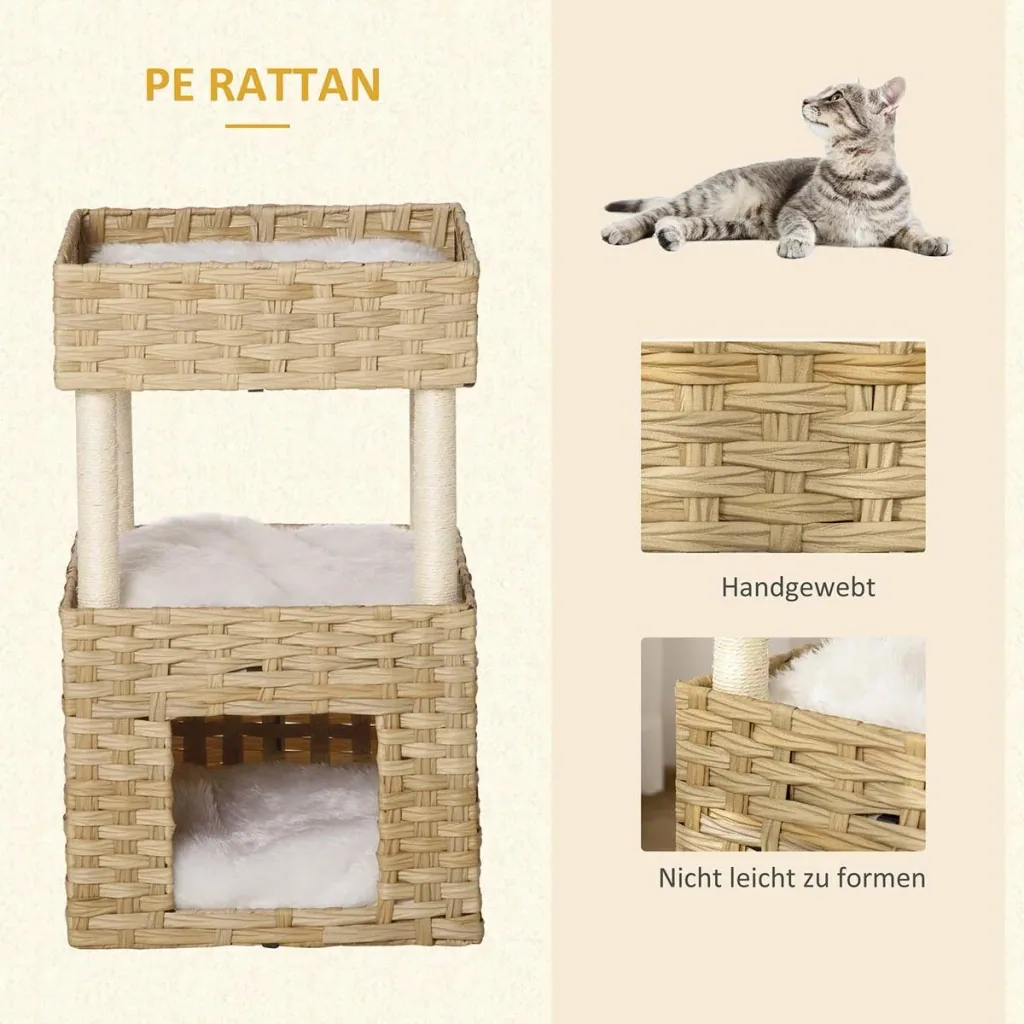 Rattan Katzenkorb 3-stöckiges Katzenbett Katzenhöhle Katzenturm mit 3 Kissen Liegedach Sisal Natur 40 x 40 x 70 cm