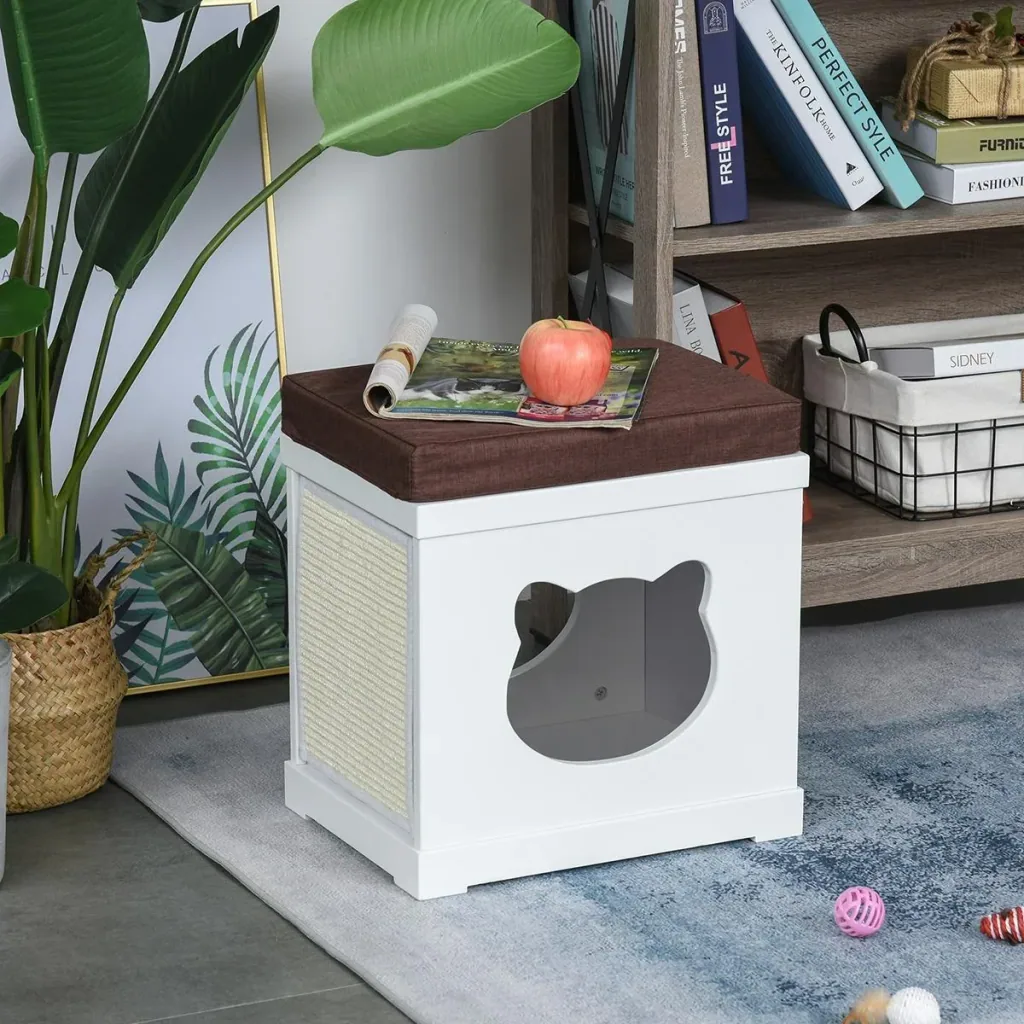Katzenhaus Sitzhocker Hocker 2 In 1 Katzenhöhle Katzenwohnung MDF Weiß 41 x 30 x 36 cm