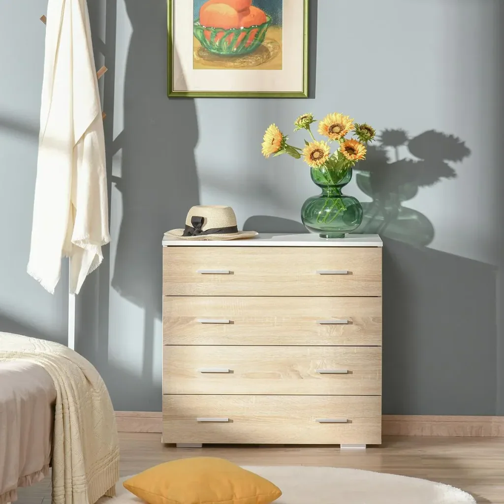Kommode mit 4 Schubladen Badezimmerschrank Schubladenschrank für Schlafzimmer Wohnzimmer Eiche Weiß 76x35x72 cm
