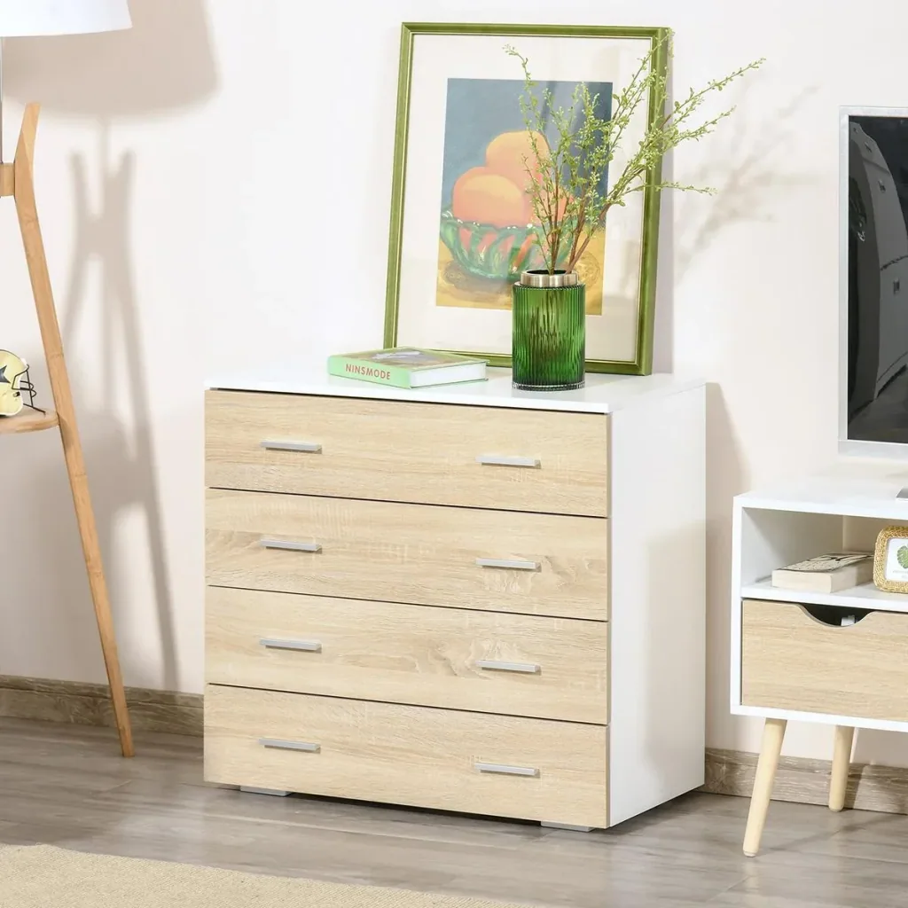 Kommode mit 4 Schubladen Badezimmerschrank Schubladenschrank für Schlafzimmer Wohnzimmer Eiche Weiß 76x35x72 cm