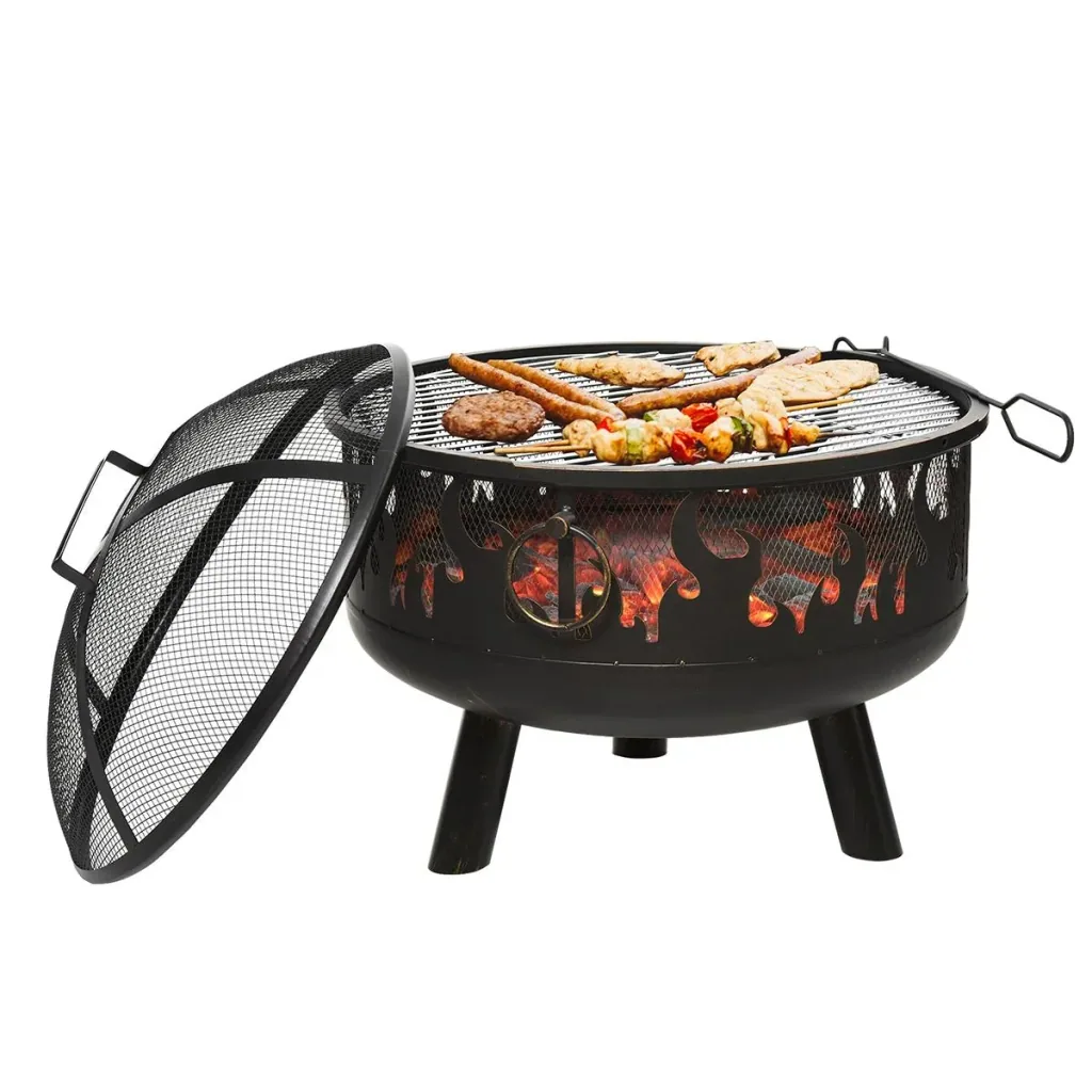 2-in-1 Feuerschale Feuerkorb Feuerstelle mit Funkenschutz Grillrost Garten BBQ Schwarz Ø61,5 x 52H cm