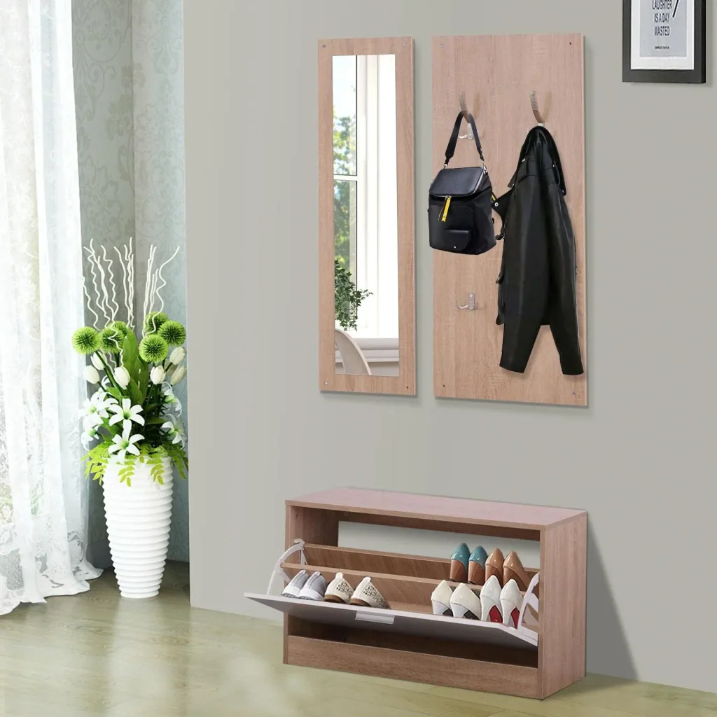 3-teiliges Garderoben-Set Flurgaderobe mit Schuhschrank Garderobe Wandspiegel 4 Haken Natur 30 x 100 cm