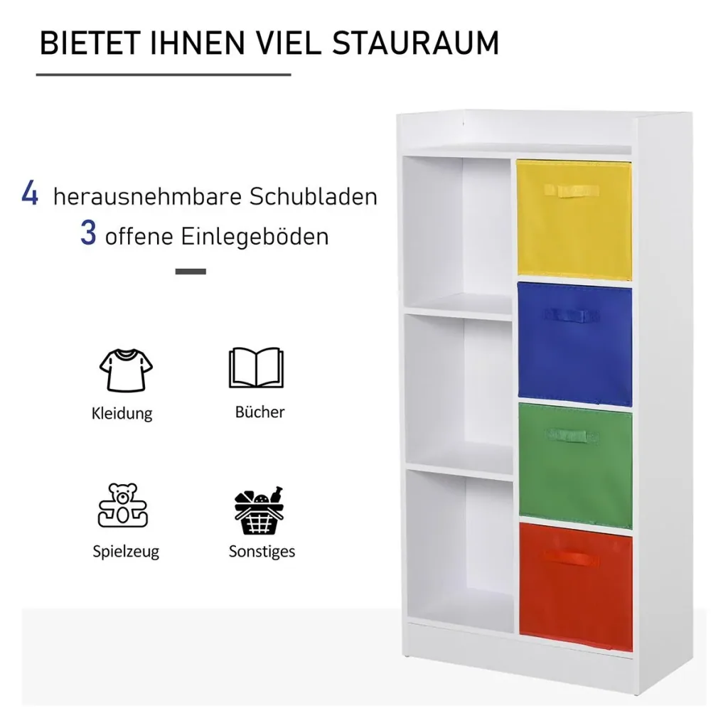 Bücherregal mit 3 Stoffboxen, Mehrzweckschrank, Spanplatte, Vliesstoff, 62,5 x 30 x 128 cm