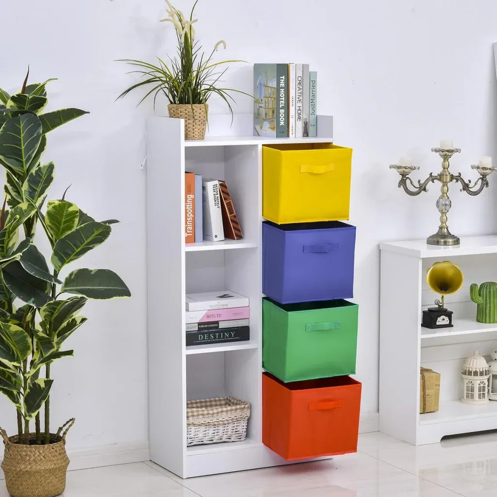 Bücherregal mit 3 Stoffboxen, Mehrzweckschrank, Spanplatte, Vliesstoff, 62,5 x 30 x 128 cm