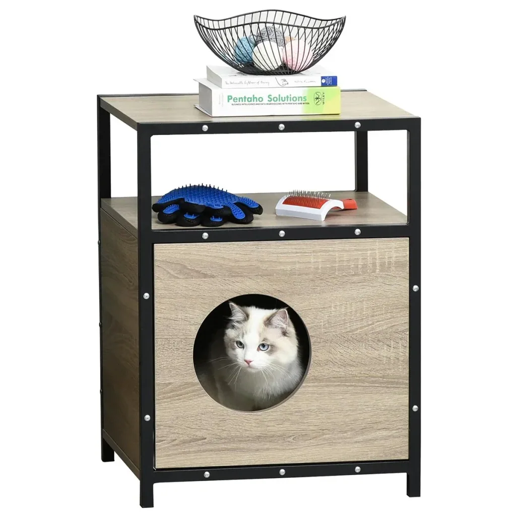 Katzenhaus mit Tür Katze Schrank Katzenhöhle Katzentoilette Beistelltisch waschbare Kissen Grau Spanplatte Metall Plüsch