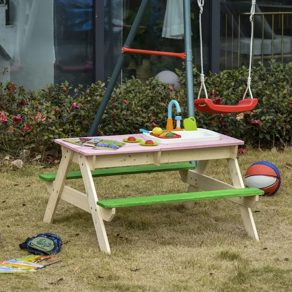 2-in-1 Kinder Campingtisch mit 2 Sitzbänke Matschküche Spieltisch mit Wasserhahn Holz Spieltisch für Kinder 3-7 Jahren F