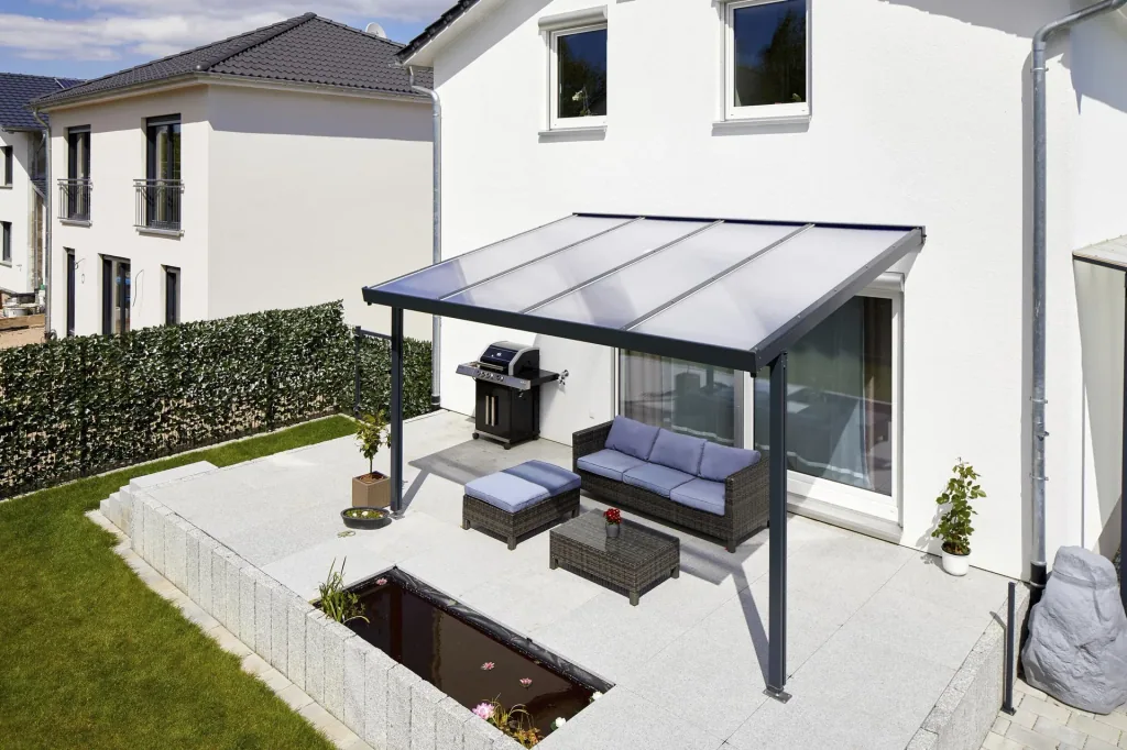 Terrassendach Premium, anthrazit, 4102 x 3060 mm - Polycarbonat Stegplatten 16 mm, klar