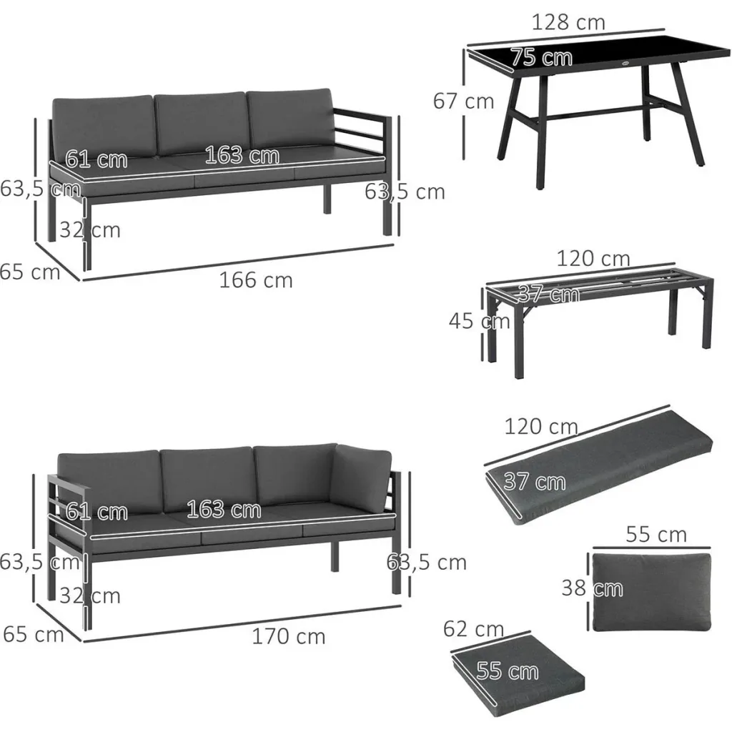 4-tlg. Gartenmöbel-Set mit Beistelltisch L-Form Outdoor Aluminium Grau