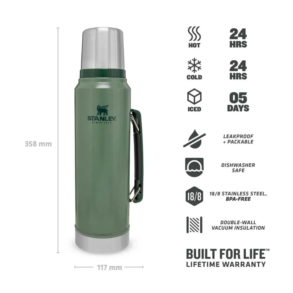 Classic Vakuum-Flasche 1,0 l, Hammertone grün, doppelwandige Vakuumisolierung, Griff, Trinkbecher
