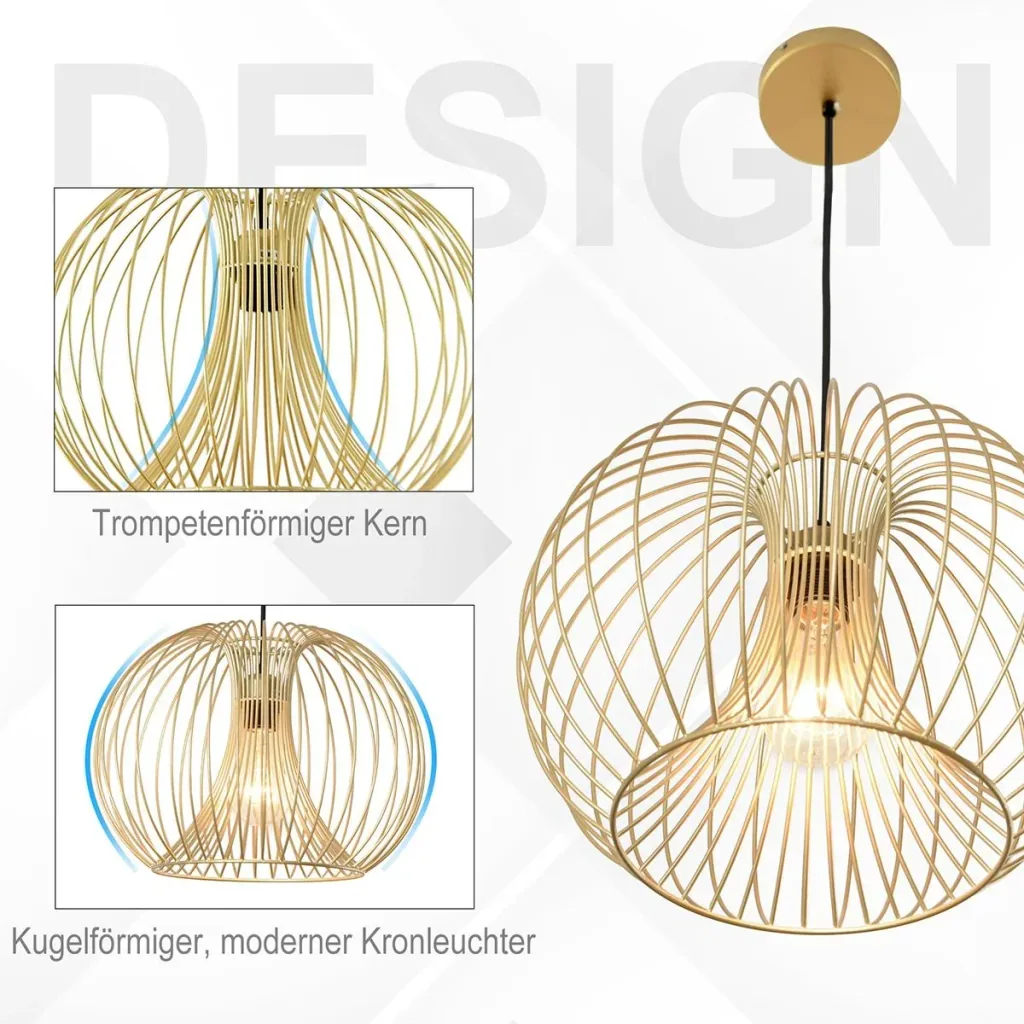 Pendelleuchte mit goldenem gebogenem Stahlrahmen gold
