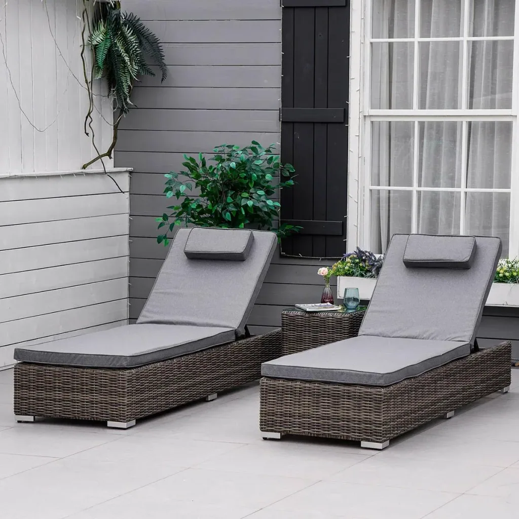 Poly-Rattan Sonnenliege 3-tlg. Gartenliege mit 6-Fach Verstellbarer Rückenlehne Beistelltisch Nackenkissen Gartenmöbel A