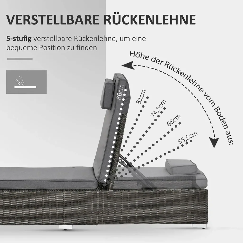 Poly-Rattan Sonnenliege 3-tlg. Gartenliege mit 6-Fach Verstellbarer Rückenlehne Beistelltisch Nackenkissen Gartenmöbel A