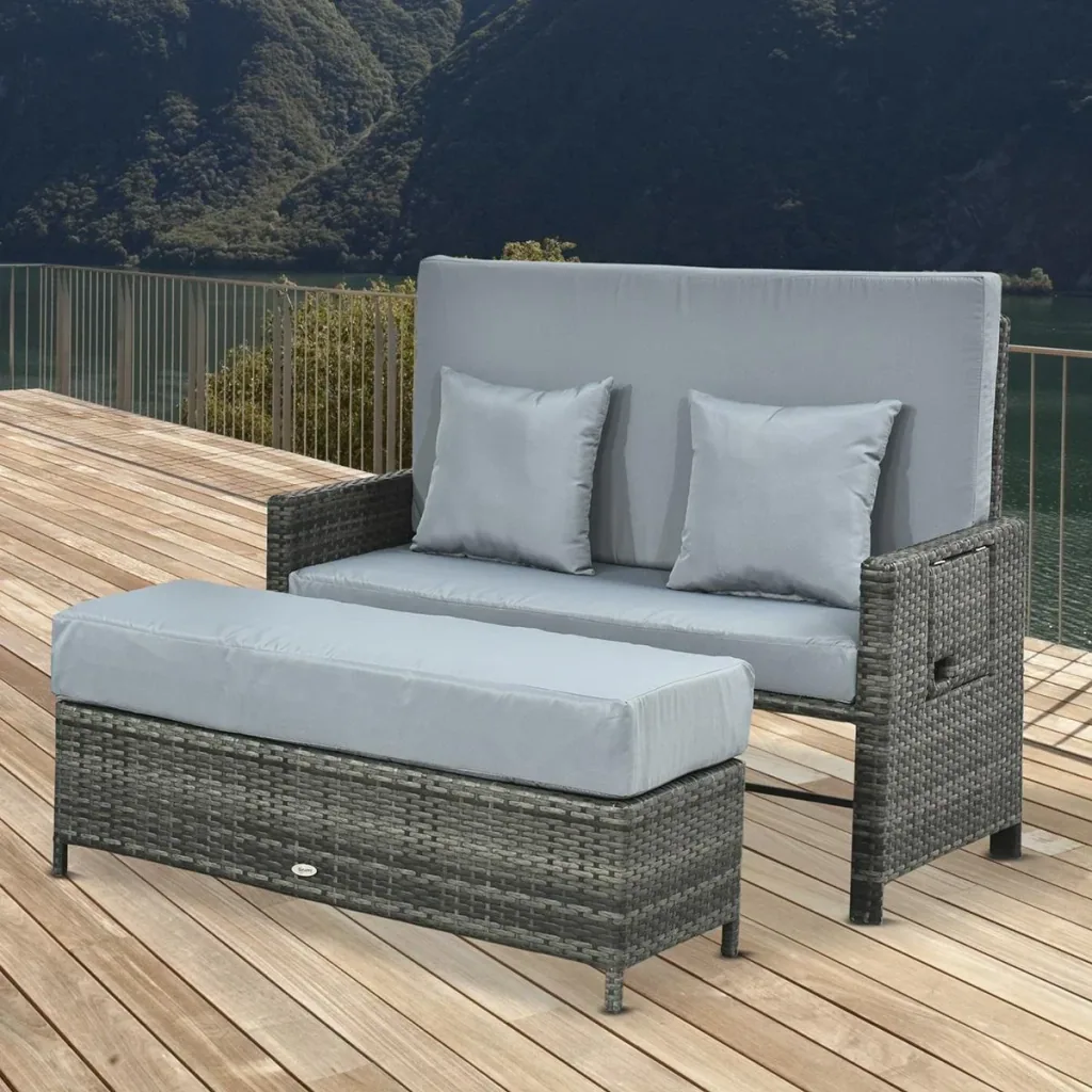 Polyrattan Lounge-Sofa Gartensofa Gartenliege 2-Sitzer mit Kissen Hocker Grau