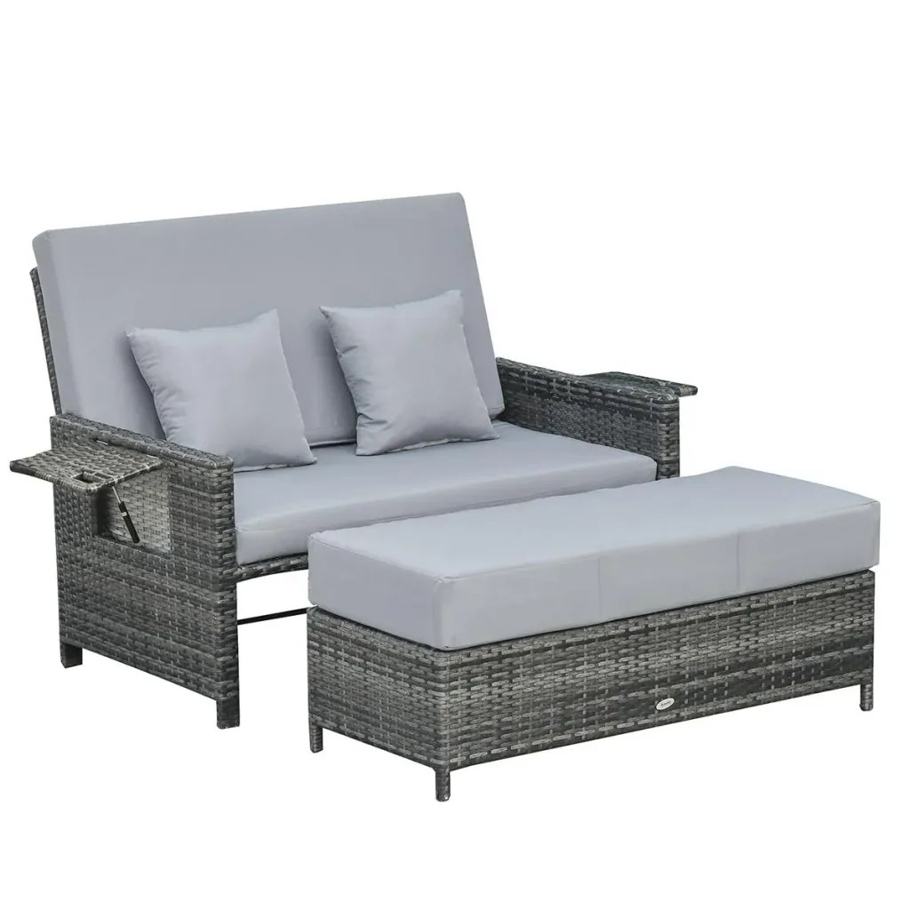 Polyrattan Lounge-Sofa Gartensofa Gartenliege 2-Sitzer mit Kissen Hocker Grau
