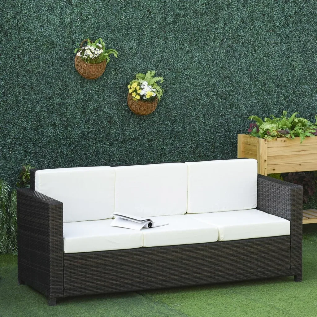 Poly-Rattan Sofa mit Kissen 3-Sitzer Garten Loungesofa Metall Polyester Braun+Weiß 185 x 70 x 80 cm