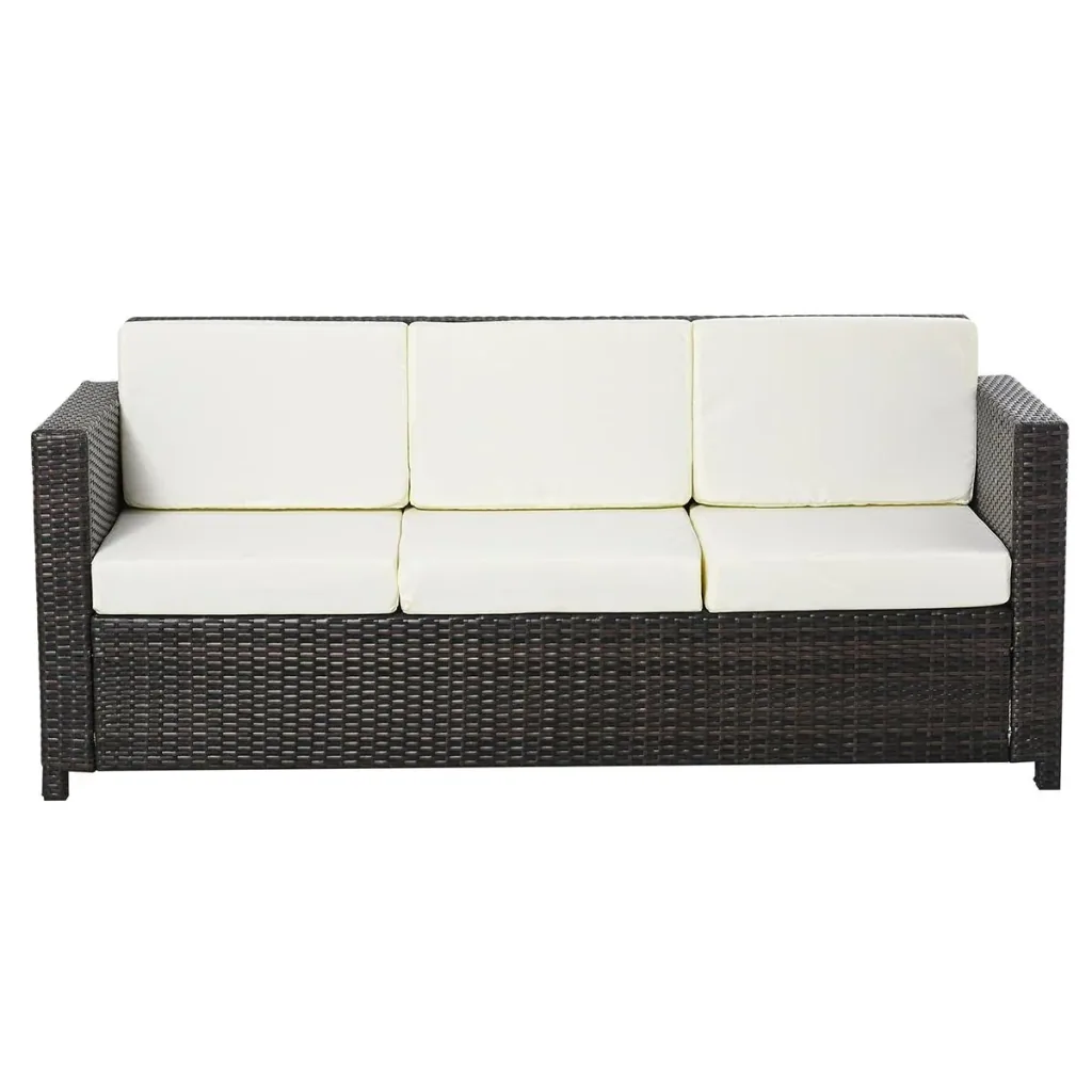 Poly-Rattan Sofa mit Kissen 3-Sitzer Garten Loungesofa Metall Polyester Braun+Weiß 185 x 70 x 80 cm
