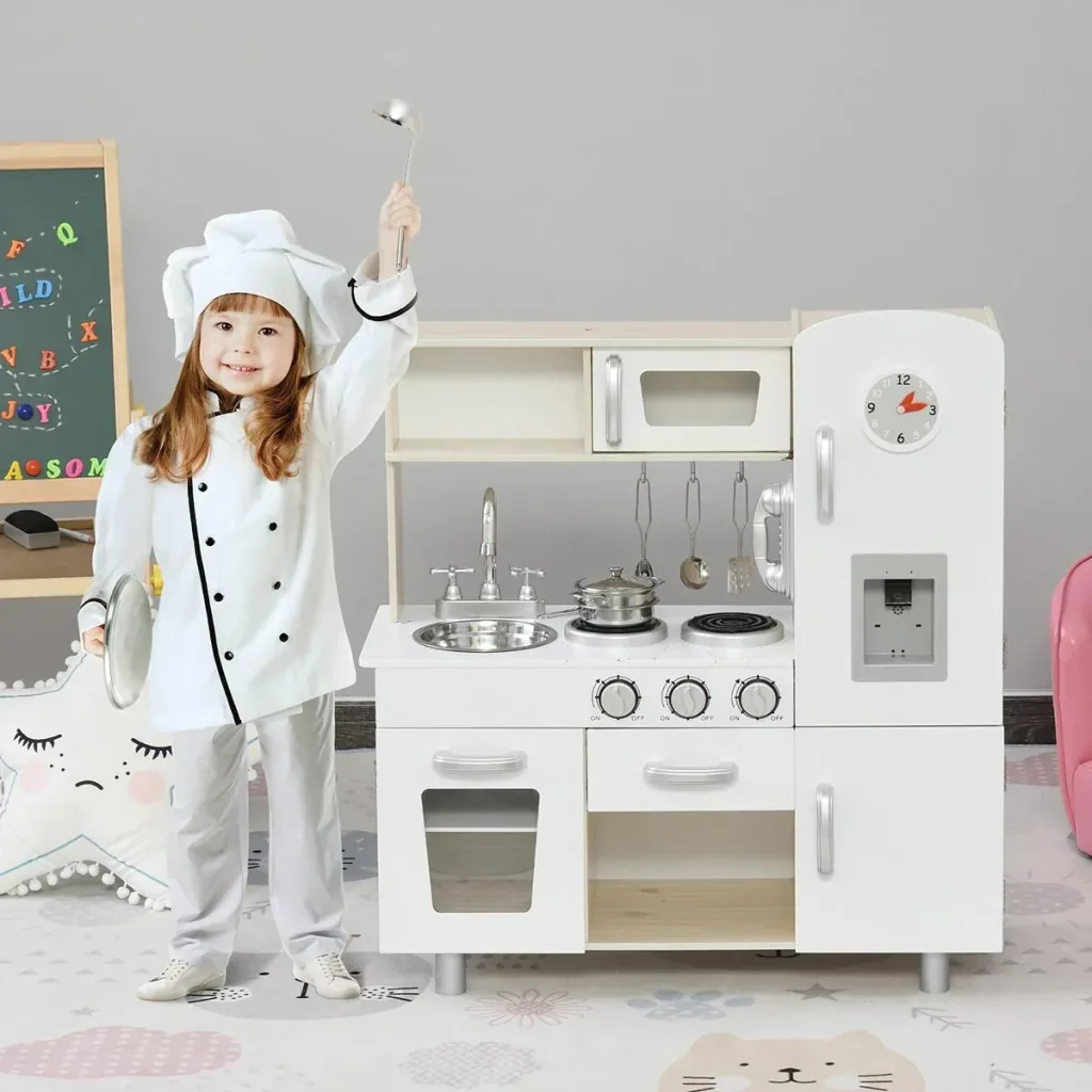 Kinderküche mit Zubehör, Traumküche, Spielküche, Spielzeugküche für 3 Jahre+, Kiefer, MDF, Weiß, 74 x 30 x 81 cm